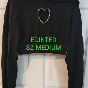 Edikted Black Cropped Sweatshirt with Rhinestone Heart